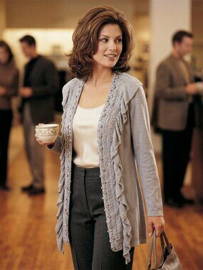 Gaby & Eden Women M Cardigan Tunic Grey Lyocell Ruffle Sweater Rare Quiet Luxury